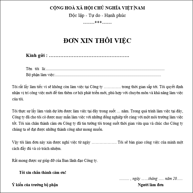 Mẫu đơn xin thôi việc tại công ty